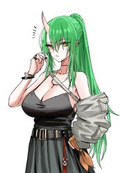 Rule 34 | 1girl, alternate costume, alternate hairstyle, arknights, armband, belt, black belt, black camisole, black skirt, bracelet, breasts, camisole, cleavage, commentary, cowboy shot, detached sleeves, expressionless, eyelashes, green hair, hair between eyes, hand in pocket, high ponytail, highres, horn/wood, horns, hoshiguma (arknights), jewelry, large breasts, long hair, looking at viewer, multiple rings, notice lines, parted lips, pleated skirt, ponytail, ring, sidelocks, simple background, single horn, skin-covered horns, skirt, slit pupils, solo, spaghetti strap, standing, studded belt, white background, yellow eyes