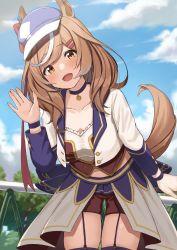Rule 34 | 1girl, absurdres, animal ears, bow, brown hair, choker, commentary request, day, ear ribbon, ears through headwear, garter straps, highres, horse ears, horse girl, horse tail, leaning forward, long hair, long sleeves, looking at viewer, matikane tannhauser (umamusume), multicolored hair, navel, open mouth, outdoors, shorts, skindentation, solo, starting future (umamusume), streaked hair, tail, thighhighs, umamusume, wanimaru, waving