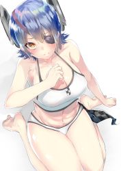 Rule 34 | 10s, 1girl, bikini, blue hair, blush, breasts, checkered clothes, checkered necktie, checkered neckwear, cleavage, eyepatch, from above, headgear, highres, kantai collection, large breasts, looking at viewer, looking up, navel, necktie, short hair, sitting, solo, swimsuit, tenryuu (kancolle), wariza, white bikini, yaminabe (yam1 nabe), yellow eyes