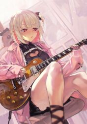 Rule 34 | 1girl, black dress, blush, clothing cutout, dress, electric guitar, gibson les paul, grey hair, guitar, heart cutout, highres, holding, holding instrument, indoors, instrument, jacket, makaino ririmu, makaino ririmu (5th costume), multicolored hair, nijisanji, one side up, open clothes, open jacket, open mouth, otsudou, pink hair, pink jacket, pointy ears, red eyes, short dress, short hair, sitting, solo, sweat, thighhighs, thighs, two-tone hair, virtual youtuber