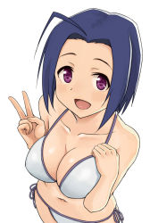 Rule 34 | 1girl, :d, ahoge, bikini, blue hair, breasts, cleavage, collarbone, from above, hashi, idolmaster, idolmaster (classic), looking at viewer, miura azusa, open mouth, purple eyes, short hair, side-tie bikini bottom, simple background, smile, solo, swimsuit, v, white background, white bikini