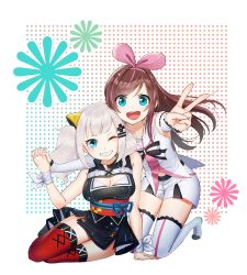 Rule 34 | &gt;:d, 2girls, :d, arm warmers, bare shoulders, black bow, black dress, bow, breasts, cleavage, cleavage cutout, clothing cutout, dress, hair ornament, hairband, hairclip, holding hands, interlocked fingers, kaguya luna, kizuna ai, kizuna ai inc., kneeling, lace, lace-trimmed legwear, lace-trimmed sleeves, lace trim, medium breasts, multicolored hair, multiple girls, obi, open mouth, pink hair, pink hairband, pink ribbon, red legwear, ribbon, sailor collar, sash, shirt, short shorts, shorts, side slit, silver hair, sitting, sleeveless, sleeveless dress, sleeveless shirt, smile, streaked hair, swept bangs, the moon studio, thighhighs, twintails, v, v-shaped eyebrows, virtual youtuber, white ribbon, white sailor collar, white shorts, wrist ribbon, x hair ornament, yokozuwari, zettai ryouiki, zombie (rkdup11)