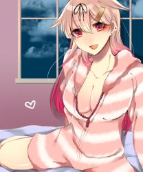 Rule 34 | 10s, 1girl, bad id, bad pixiv id, blonde hair, blue sky, breasts, cleavage, cloud, collarbone, ear piercing, eyelashes, fang, gradient background, gradient hair, hair flaps, hair ornament, hair ribbon, hair strand, hairclip, heart, hood, hoodie, kantai collection, large breasts, long hair, looking at viewer, multicolored hair, naked hoodie, no pants, open mouth, piercing, pink background, red eyes, red hair, ribbon, shisei (kyuushoku banchou), sky, smile, solo, spread legs, sweater, two-tone hair, unzipped, very long hair, window, yuudachi (kancolle), yuudachi kai ni (kancolle)