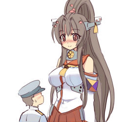Rule 34 | 1boy, 1girl, admiral (kancolle), blush, breasts, brown eyes, brown hair, collar, detached sleeves, giant, giantess, headgear, height difference, highres, kantai collection, large breasts, long hair, looking at another, metal collar, military, military uniform, naval uniform, pleated skirt, ponytail, red skirt, seo tatsuya, simple background, size difference, skirt, towering, uniform, very long hair, white background, yamato (kancolle), z-flag