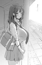 Rule 34 | 1girl, absurdres, bag, blush, bra visible through clothes, breasts, collared shirt, greyscale, highres, hotate-chan, huge breasts, long hair, looking at viewer, loose necktie, monochrome, necktie, original, pleated skirt, railroad tracks, school bag, school uniform, see-through, shirt, sidelocks, skirt, sleeves rolled up, smile, solo, standing, train station, translated