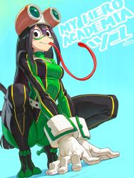 Rule 34 | 1girl, asui tsuyu, black eyes, black hair, blue background, bodysuit, boku no hero academia, breasts, character name, commentary request, copyright name, foreshortening, gloves, goggles, goggles on head, gradient background, green bodysuit, long hair, long tongue, looking at viewer, mask, medium breasts, shuichi wada, simple background, solo, squatting, thighhighs, tongue, very long tongue, white gloves