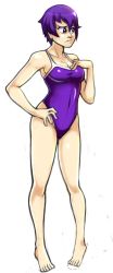 Rule 34 | 1girl, barefoot, breasts, cleavage, competition swimsuit, covered navel, embarrassed, full body, highres, one-piece swimsuit, persona, persona 4, pigeon-toed, purple eyes, purple hair, shining dazzler, shirogane naoto, short hair, solo, swimsuit, toes, very short hair