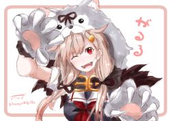 Rule 34 | 1girl, animal hands, artist name, baileys (tranquillity650), black serafuku, blonde hair, commentary request, fang, fur scarf, gloves, hair between eyes, hair flaps, hair ornament, hair ribbon, hairclip, halloween costume, highres, kantai collection, looking at viewer, neckerchief, one eye closed, paw gloves, paw pose, red eyes, red neckerchief, ribbon, sailor collar, school uniform, serafuku, signature, sketch, solo, wolf hood, wolf paws, yuudachi (kancolle), yuudachi kai ni (kancolle)