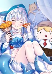 Rule 34 | 1girl, :t, absurdres, animal, animal hood, bloomers, blue hair, blush, bottle, breasts, cat, cheese trail, closed eyes, closed mouth, coca-cola, curtains, eating, fins, fish tail, food, gawr gura, hands up, highres, holding, holding bottle, hololive, hololive english, hood, hood up, knees up, multicolored hair, nail polish, pizza, pizza slice, rinringyo, shark hood, shark tail, sitting, small breasts, smol ame, soda bottle, solo, streaked hair, tail, transparent, underwear, virtual youtuber, watson amelia, wavy mouth, white bloomers, white hair