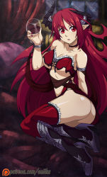Rule 34 | 1girl, alcohol, armlet, armor, ass, bare shoulders, belphegor (shinkai no valkyrie), boots, bracelet, breasts, bustier, choker, chuunioniika, cup, cupping glass, demon girl, demon horns, drinking glass, greaves, high heel boots, high heels, highres, horns, jewelry, large breasts, long hair, nail polish, pointy ears, red eyes, red hair, revealing clothes, shinkai no valkyrie, solo, thighhighs, underboob, watermark, web address, wine, wine glass
