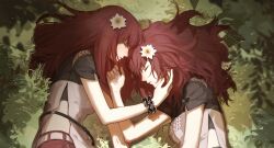 Rule 34 | 2girls, bare arms, belt, black dress, blush, breasts, chinese commentary, closed eyes, commentary, devola, dress, fishnet cutout, flower, from above, from side, hair flower, hair ornament, hand on another&#039;s cheek, hand on another&#039;s face, heads together, highres, long hair, lying, multiple girls, nier:automata, nier (series), nose blush, on grass, on side, pants, plant, popola, profile, red hair, red pants, scrunchie, short sleeves, shuangtang shuimu, siblings, side slit, sisters, sleeping, small breasts, straight hair, twins, two-tone dress, upper body, white belt, white dress, wrist scrunchie, yellow flower