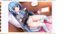 Rule 34 | 1girl, absurdres, artist request, blue hair, blush, clothes lift, crease, highres, kurano kun chi no futago jijou, long hair, looking at viewer, menstrual pad, no pussy, panties, panty pull, peeing, ribbon, scan, school uniform, skirt, skirt lift, slippers, thighhighs, toilet, toilet paper, trash can, uncensored, underwear