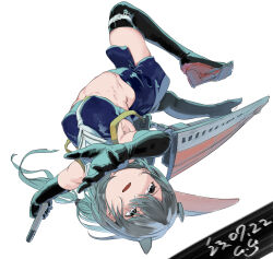Rule 34 | 1girl, black thighhighs, blue shirt, blue skirt, crop top, dated, gegeron, gradient neckerchief, grey eyes, grey hair, highres, i-201 (kancolle), kantai collection, long hair, machinery, midriff, one-hour drawing challenge, pencil skirt, rudder footwear, sailor collar, shirt, simple background, skirt, sleeveless, sleeveless shirt, solo, thighhighs, torpedo tubes, upside-down, white background, white sailor collar