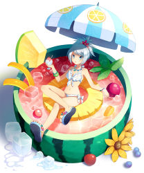 Rule 34 | 1girl, beach umbrella, bikini, bracelet, cup, flower, food, front-tie top, fruit, fruit cup, hair flower, hair ornament, highres, ice, in container, in cup, in food, jewelry, legs, mauve, mini person, minigirl, navel, necklace, original, parasol, pineapple, polka dot, polka dot bikini, polka dot swimsuit, ponytail, sandals, side-tie bikini bottom, solo, swimsuit, umbrella, watermelon