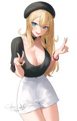 Rule 34 | 1girl, beret, black hat, black shirt, blonde hair, blue eyes, blush, breasts, claire lamund (nhaliz), cleavage, hat, highres, large breasts, long hair, looking at viewer, mole, mole on breast, nhaliz, open mouth, original, shirt, simple background, skirt, smile, thighs, white skirt