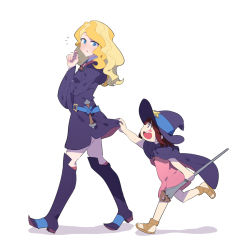 Rule 34 | 10s, 2girls, aged down, blonde hair, blue eyes, boots, brown hair, child, clothes lift, diana cavendish, dress, following, hat, kagari atsuko, little witch academia, long hair, luo., multiple girls, open mouth, simple background, staff, star (symbol), wand, white background, witch, witch hat, yuri