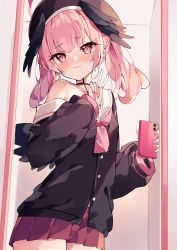 Rule 34 | 1girl, bare shoulders, black hat, black serafuku, blue archive, cellphone, closed mouth, commentary request, hat, head wings, highres, holding, holding phone, koharu (blue archive), long sleeves, looking at viewer, off shoulder, phone, pink eyes, pink hair, red skirt, sailor collar, school uniform, selfie, serafuku, short hair, skirt, solo, twintails, unacchi (nyusankin), v, white sailor collar, wings