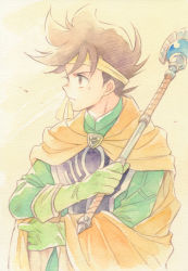 Rule 34 | 1boy, agahari, brown eyes, brown hair, cape, commentary request, dragon quest, dragon quest dai no daibouken, gloves, green gloves, headband, highres, holding, holding staff, long sleeves, looking away, looking to the side, male focus, pop (dragon quest dai no daibouken), short hair, solo, staff, yellow cape, yellow headband
