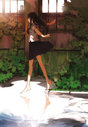 Rule 34 | 1girl, absurdres, airplane arms, barefoot, brown hair, bush, closed eyes, feet, grass, highres, houden eizou, legs, long hair, original, outstretched arms, puddle, reflection, school uniform, serafuku, skirt, smile, solo, spread arms, tiptoes, water