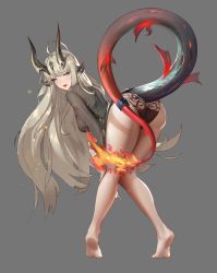 Rule 34 | :d, absurdres, ahoge, arknights, baixu, bare legs, barefoot, bent over, black panties, black sweater, blonde hair, blush, breasts, dragon girl, dragon horns, dragon tail, flame-tipped tail, full body, grey background, highres, horns, infection monitor (arknights), lace, large breasts, long hair, long sleeves, looking at viewer, looking back, open mouth, panties, reed (arknights), simple background, smile, soles, standing, sweater, tail, tail ornament, tail ring, trefoil, underwear, very long hair