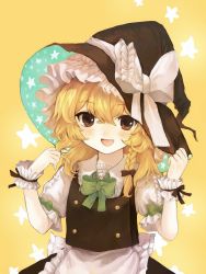 Rule 34 | 1girl, :d, apron, black bow, black hat, black skirt, black vest, blonde hair, bow, bowtie, braid, collared shirt, frilled hat, frills, green bow, green bowtie, hair bow, hair ribbon, hand on headwear, hat, hat bow, highres, kirisame marisa, looking at viewer, open mouth, puffy short sleeves, puffy sleeves, ribbon, shirt, short sleeves, shoudoku taishi (taishi), side braid, single braid, skirt, smile, solo, star (symbol), star print, starry background, touhou, tress ribbon, upper body, vest, waist apron, white apron, white bow, white shirt, witch hat, wrist cuffs, yellow background