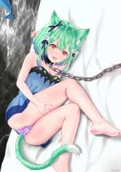 Rule 34 | 1girl, absurdres, anal tail, animal ears, animal print, ass, bare shoulders, barefoot, blue dress, blue hair, bow, brooch, butt plug, butterfly print, cat ears, chain, chained, choker, clothing cutout, colored tips, deep skin, dress, ear ribbon, artistic error, fake tail, green hair, hair ornament, highres, hololive, jewelry, looking at viewer, lying, multicolored hair, on side, panties, purple panties, red eyes, sex toy, short dress, short hair, sidelocks, skull hair ornament, solo, strapless, strapless dress, tail, tail through clothes, takasi.bingjun, underwear, upskirt, uruha rushia, uruha rushia (1st costume), virtual youtuber, wrong foot