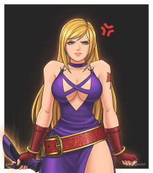 Rule 34 | 1girl, angry, bare shoulders, blonde hair, breasts, cleavage, dress, fatal fury, floral print, garou: mark of the wolves, geoffrey daigon, green eyes, highres, jenet behrn, large breasts, lips, long hair, rose print, sleeveless, tattoo, the king of fighters