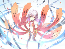 Rule 34 | 10s, 1girl, abstract, armpits, breasts, dress, female focus, full body, gradient background, guilty crown, navel, oukawa yuu, patterned, pink eyes, red eyes, small breasts, smile, solo, twintails, white background, white hair, yuzuriha inori