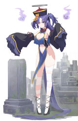Rule 34 | 1girl, absurdres, alternate costume, bandaged leg, bandages, black footwear, blue archive, breasts, cho gum, cleavage, closed mouth, commentary request, detached sleeves, full body, ghost, halloween, halloween costume, halo, hands up, high heels, highres, jiangshi, jiangshi costume, large breasts, legs, long hair, long sleeves, looking at viewer, navel, ofuda, purple eyes, purple hair, solo, standing, tongue, tongue out, two side up, wide sleeves, yuuka (blue archive)
