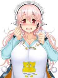Rule 34 | 1girl, blush, breasts, camouflage hoodie, cleavage, headphones, large breasts, long hair, looking at viewer, nitroplus, open mouth, pink hair, pom pom (clothes), solo, super sonico, tsuji santa, upper body