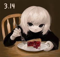 Rule 34 | black eyes, black sweater, eating, food, fork, grintasia, holding, holding fork, looking at viewer, mole, mole under eye, non-web source, on chair, original, pie, sweater, white hair, wooden chair