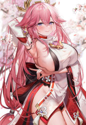 Rule 34 | 1girl, alternate breast size, animal ears, arm up, armpits, bare shoulders, blush, breasts, commentary request, cowboy shot, detached sleeves, dress, earrings, floral print, flower, fox ears, genshin impact, hair between eyes, hair ornament, highres, huge breasts, japanese clothes, jewelry, long hair, long sleeves, looking at viewer, low-tied long hair, machi (7769), miko, no panties, parted lips, pink flower, pink hair, purple eyes, revision, sideboob, sleeveless, smile, solo, standing, sweat, very long hair, white dress, wide sleeves, yae miko