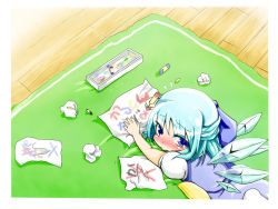 Rule 34 | 1girl, :&gt;, blue dress, blue eyes, blue hair, blush, box, chalk, cirno, crayon, dress, flying sweatdrops, from above, hair ribbon, highres, looking at viewer, looking back, looking up, lying, matching hair/eyes, nari0518, on stomach, outstretched arm, paper, pillow, puffy sleeves, ribbon, rug, short hair, short sleeves, solo, tears, touhou, wings, wooden floor, writing