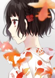 Rule 34 | 1girl, absurdres, animal, blurry, blurry foreground, braid, brown hair, closed mouth, commentary request, depth of field, fish, flower, goldfish, grey background, hachimitsu honey, hair flower, hair ornament, highres, japanese clothes, kimono, looking away, mole, mole under mouth, original, print kimono, profile, red eyes, red flower, short hair, simple background, solo, white kimono