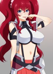 Rule 34 | 10s, 1girl, arm ribbon, arm up, blue eyes, breasts, cross ange, finger to mouth, highres, hilda (cross ange), large breasts, long hair, looking at viewer, mattari yufi, midriff, navel, red hair, ribbon, shirt, skirt, solo, tongue, tongue out, twintails, very long hair