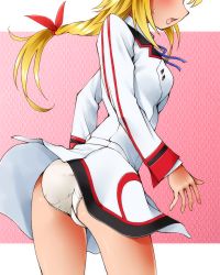 Rule 34 | 10s, 1girl, ass, blonde hair, blush, breasts, charlotte dunois, dr rex, head out of frame, honeycomb (pattern), honeycomb background, honeycomb pattern, infinite stratos, long hair, low-tied long hair, medium breasts, open mouth, panties, pink background, ponytail, ribbon, school uniform, solo, sweatdrop, underwear, white panties, wind, wind lift