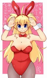 Rule 34 | animal ears, blonde hair, blue eyes, bow, bowtie, detached collar, fake animal ears, leotard, long hair, momo (fruits box), original, pantyhose, playboy bunny, rabbit ears, solo, translation request, twintails, two side up, wrist cuffs