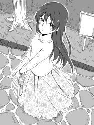 Rule 34 | 1girl, bad id, bad pixiv id, bag, commentary request, dress, earrings, floral print, from above, greyscale, hair between eyes, handbag, highres, jewelry, joint06, long hair, looking at viewer, love live!, love live! school idol project, monochrome, solo, sonoda umi