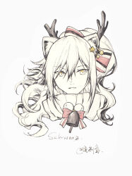 Rule 34 | 1girl, animal ears, antlers, arknights, bell, bow, cat ears, character name, christmas ornaments, hair bow, hair ornament, high collar, highres, horns, long hair, parted lips, ponytail, portrait, schwarz (arknights), schwarz (presents) (arknights), signature, smile, solo, spot color, star (symbol), sweater, weiliyin, yellow eyes