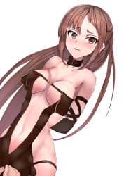 Rule 34 | 1girl, arms behind back, bad id, bad pixiv id, bare shoulders, black collar, black dress, black eyes, black gloves, blush, breasts, breasts apart, brown hair, center opening, choker, closed mouth, collar, collarbone, yu mei-ren (fate), dress, dutch angle, ear piercing, elbow gloves, fate/grand order, fate (series), gloves, highres, hip focus, long hair, looking at viewer, medium breasts, navel, piercing, revealing clothes, sikijou77o, simple background, narrow waist, solo focus, strapless, strapless dress, very long hair, wavy mouth, white background