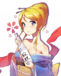 Rule 34 | 10s, 1girl, alternate hairstyle, ayase eli, bare shoulders, blue eyes, blush, bottle, breasts, cleavage, japanese clothes, kimono, long hair, looking at viewer, love live!, love live! school idol festival, love live! school idol project, medium breasts, off shoulder, sake bottle, smile, solo, translation request, ytk (yutta-p)
