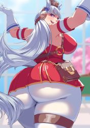 Rule 34 | 1girl, animal ears, ass, ass focus, bad id, bad pixiv id, breasts, close-up, curvy, from behind, gloves, gold ship (umamusume), green panties, hat, highres, horse ears, horse girl, horse tail, huge ass, kandata nijou, large breasts, long hair, looking at viewer, looking back, looking down, open mouth, panties, pantyhose, pink eyes, shiny clothes, sideboob, skindentation, smile, solo, tail, thick thighs, thighs, umamusume, underwear, very long hair, white hair, white pantyhose, wide hips