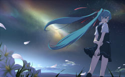 Rule 34 | 1girl, arms behind back, cloud, eto, flower, grass, hatsune miku, long hair, looking back, nebula, night, open mouth, sky, smile, solo, star (sky), star (symbol), starry sky, very long hair, vocaloid