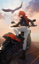 Rule 34 | 1boy, alternate costume, ass, bird, boots, diluc (genshin impact), falcon, from behind, genshin impact, gloves, highres, long hair, looking at viewer, looking back, low ponytail, motor vehicle, motorcycle, pants, ponytail, red eyes, red hair, shiny clothes, skin tight, solo, spruceaoi