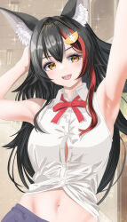 Rule 34 | 1girl, :d, absurdres, alternate costume, animal ear fluff, animal ears, armpits, arms up, black hair, breasts, collared shirt, commentary request, flipped hair, hair between eyes, hair ornament, hairclip, hand on own head, highres, hololive, indoors, large breasts, long hair, midriff, multicolored hair, navel, neck ribbon, ookami mio, open mouth, pants, purple pants, red hair, red ribbon, ribbon, shirt, sidelocks, sleeveless, sleeveless shirt, smile, solo, sparkle, spiked hair, streaked hair, teeth, tongue, upper body, virtual youtuber, wakaunderblade7, white shirt, wolf ears, wolf girl, yellow eyes