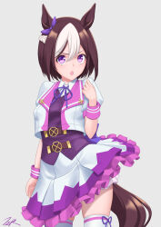Rule 34 | 1girl, animal ears, artist name, bow, braid, breasts, brown hair, commentary request, cropped jacket, ear bow, french braid, frilled skirt, frills, grey background, hair between eyes, highres, horse ears, horse girl, horse tail, jacket, looking at viewer, multicolored hair, open clothes, open jacket, open mouth, pleated skirt, puffy short sleeves, puffy sleeves, purple bow, purple eyes, short hair, short sleeves, simple background, skirt, small breasts, solo, special week (umamusume), streaked hair, t2r, tail, thighhighs, umamusume, white hair, white jacket, white thighhighs, wrist cuffs