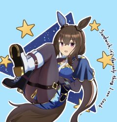 Rule 34 | 1girl, :d, admire vega (umamusume), animal ears, ankle boots, asymmetrical footwear, black footwear, black pantyhose, blue background, blue skirt, bonchenpint, boots, brown hair, cross-laced footwear, ear covers, english text, hair between eyes, hair ribbon, horse ears, horse girl, horse tail, lace-up boots, long hair, long sleeves, looking at viewer, low ponytail, mismatched footwear, necktie, open mouth, pantyhose, purple eyes, ribbon, simple background, single ear cover, skirt, smile, solo, tail, umamusume, white footwear, white necktie, white ribbon