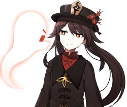 Rule 34 | 1girl, black hat, black shirt, brown hair, flower, genshin impact, ghost, hat, hat flower, highres, hu tao (genshin impact), lix (iroiro3843), long hair, long sleeves, looking at another, plum blossoms, red eyes, red shirt, shirt, smile, solo, star-shaped pupils, star (symbol), symbol-shaped pupils, twintails, undershirt, upper body