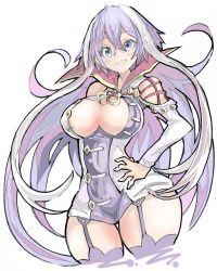 Rule 34 | 1girl, :d, blue eyes, breasts, center opening, cleavage, crossed bangs, dress, enpe, garter straps, hair between eyes, hand on own hip, highres, isabelle (shadowverse), large breasts, long hair, long sleeves, looking at viewer, multicolored hair, open mouth, purple hair, purple thighhighs, shadowverse, short dress, simple background, smile, solo, thighhighs, thighs, two-tone hair, very long hair, white background, white hair