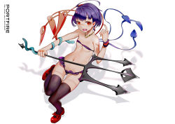 Rule 34 | 1girl, ahoge, asymmetrical wings, bikini, black thighhighs, bow, breasts, collarbone, dan evan, footwear bow, full body, holding, holding weapon, houjuu nue, jewelry, leg up, looking at viewer, mary janes, micro bikini, navel, necklace, polearm, purple bikini, purple hair, red bow, red eyes, red footwear, shadow, shoes, short hair, small breasts, snake, solo, standing, standing on one leg, stomach, swimsuit, tareme, thigh gap, thighhighs, touhou, trident, underboob, weapon, wings, wrist cuffs